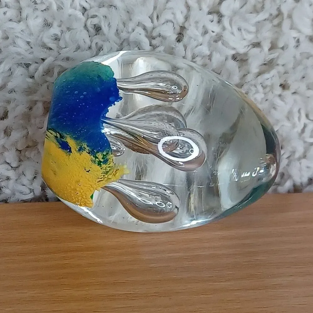 Hand Blown Art Glass Paperweight Controlled Bubbles Blue Multicolor Polished 3”